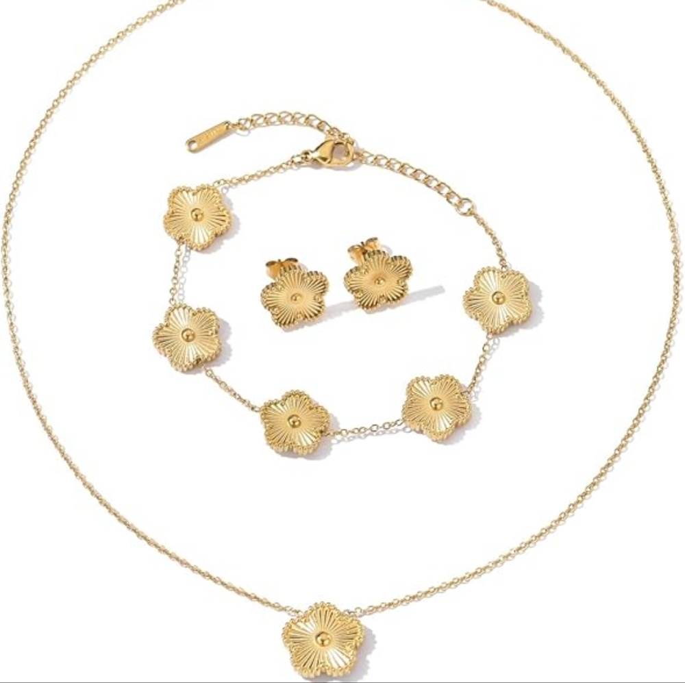 14K Gold Plated Clover Necklace & Earring Set